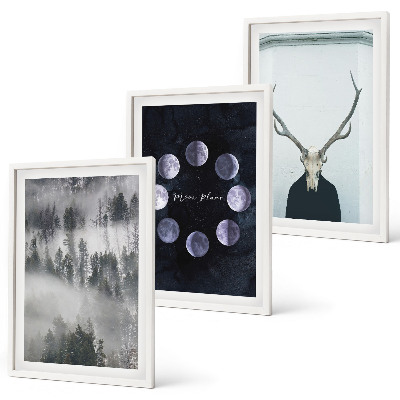 Juego de 3 cuadros Paisaje forestal, niebla, luna, cráneo de ciervo