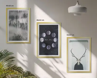 Juego de 3 cuadros con paisaje forestal de niebla, luna y cráneo de ciervo