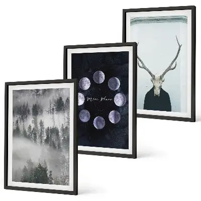 Juego de 3 cuadros con paisaje forestal de niebla, luna y cráneo de ciervo