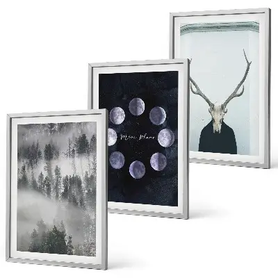 Juego de 3 cuadros con paisaje forestal de niebla, luna y cráneo de ciervo