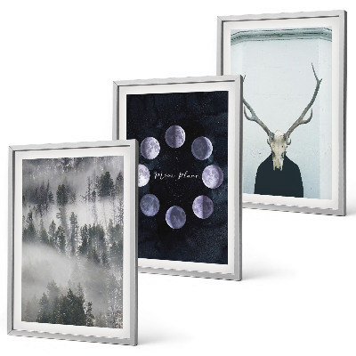Juego de 3 cuadros Paisaje forestal, niebla, luna, cráneo de ciervo