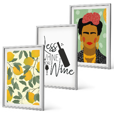 Set de 3 cuadros para salón Retrato de Frida con vino de limones