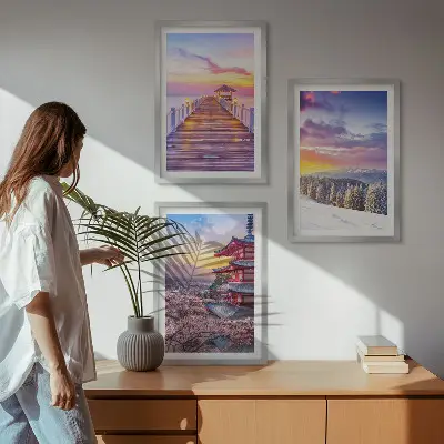 Set de 3 cuadros para salón con paisajes celestes románticos