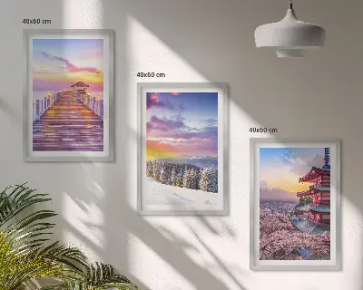 Set de 3 cuadros para salón con paisajes celestes románticos