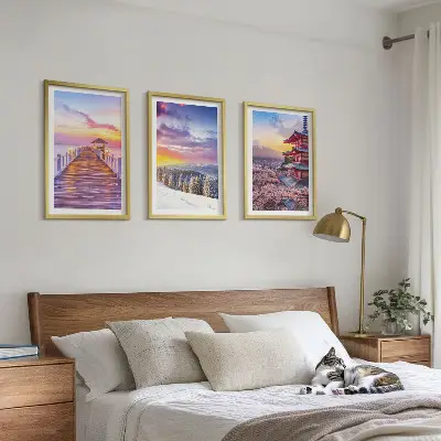 Set de 3 cuadros para salón con paisajes celestes románticos