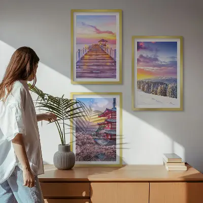 Set de 3 cuadros para salón con paisajes celestes románticos