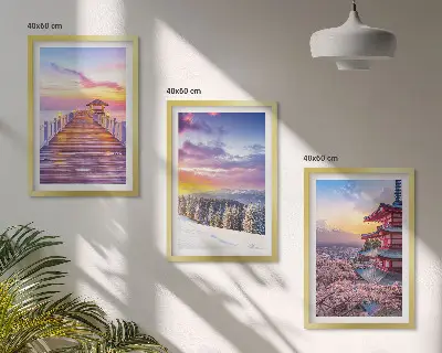 Set de 3 cuadros para salón con paisajes celestes románticos