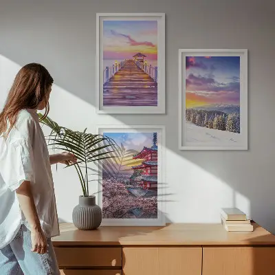 Set de 3 cuadros para salón con paisajes celestes románticos
