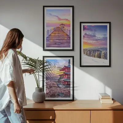 Set de 3 cuadros para salón con paisajes celestes románticos