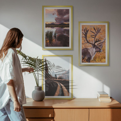 Juego de 3 cuadros Paisajes de montaña con renos