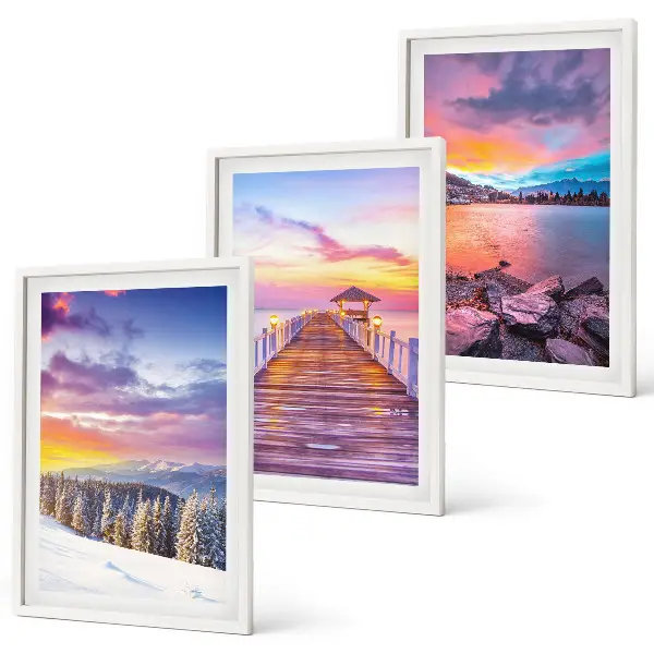 Set de 3 cuadros para salón con paisaje invernal de lago de montaña