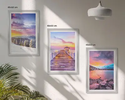 Set de 3 cuadros para salón con paisaje invernal de lago de montaña