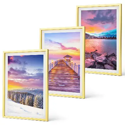 Set de 3 cuadros para salón con paisaje invernal de lago de montaña