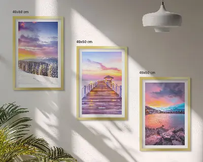 Set de 3 cuadros para salón con paisaje invernal de lago de montaña