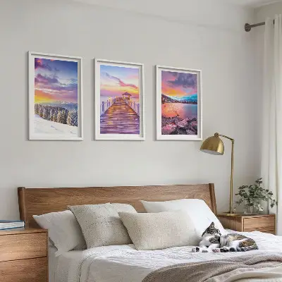 Set de 3 cuadros para salón con paisaje invernal de lago de montaña