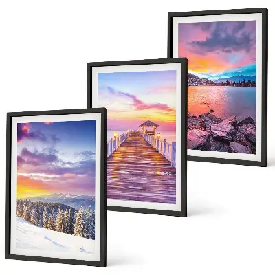 Set de 3 cuadros para salón con paisaje invernal de lago de montaña