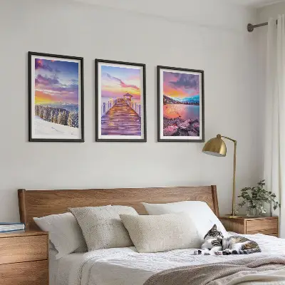 Set de 3 cuadros para salón con paisaje invernal de lago de montaña
