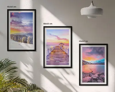 Set de 3 cuadros para salón con paisaje invernal de lago de montaña
