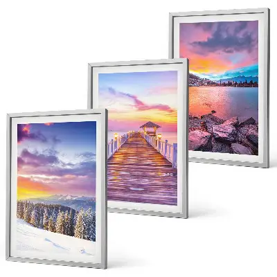 Set de 3 cuadros para salón con paisaje invernal de lago de montaña