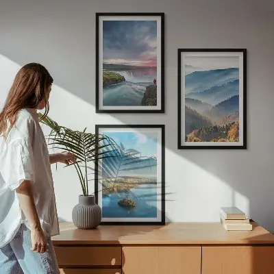 Juego de 3 cuadros paisajes de montaña con cascadas