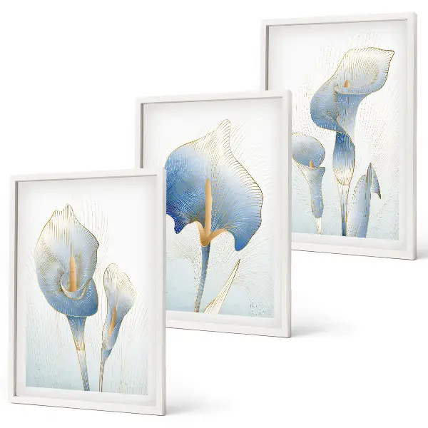 Set de 3 cuadros para salón con diseño de flores azules