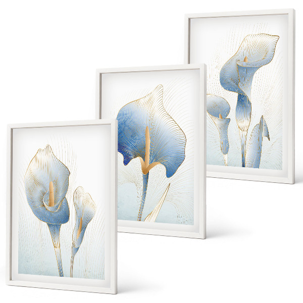 Set de 3 cuadros para salón Flores azules en el fondo