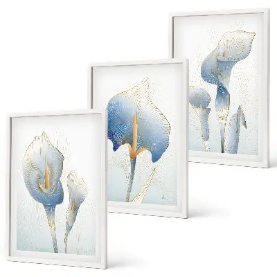 Set de 3 cuadros para salón con diseño de flores azules