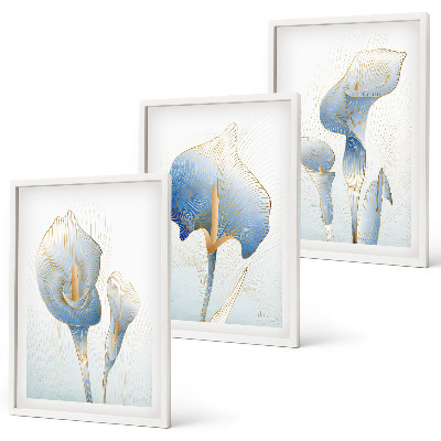 Set de 3 cuadros para salón Flores azules en el fondo