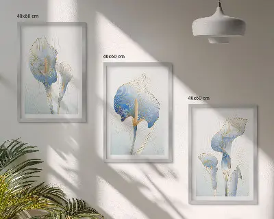 Set de 3 cuadros para salón con diseño de flores azules