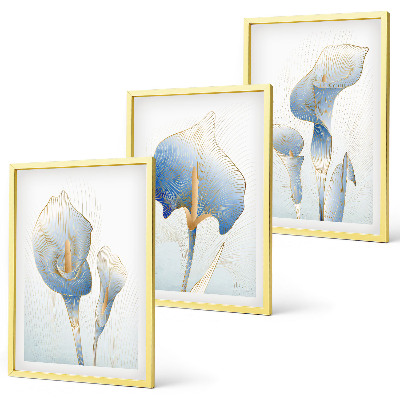 Set de 3 cuadros para salón Flores azules en el fondo