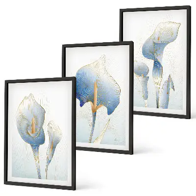 Set de 3 cuadros para salón con diseño de flores azules