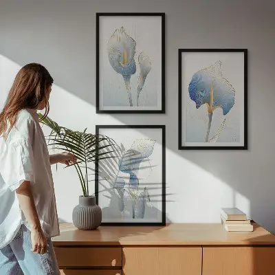 Set de 3 cuadros para salón con diseño de flores azules