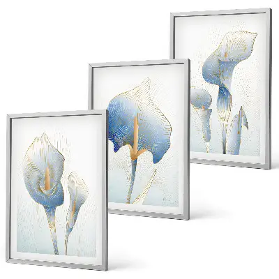 Set de 3 cuadros para salón con diseño de flores azules