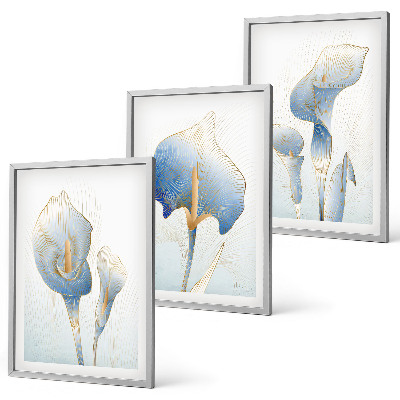Set de 3 cuadros para salón Flores azules en el fondo