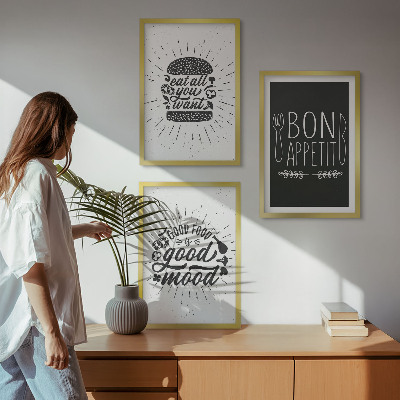 Set de 3 cuadros para salón Eslóganes gráficos sobre comida y gastronomía