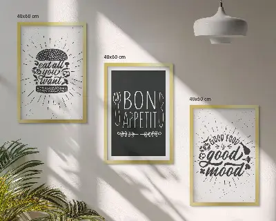 Set de 3 cuadros para salón con eslóganes gráficos sobre comida y gastronomía