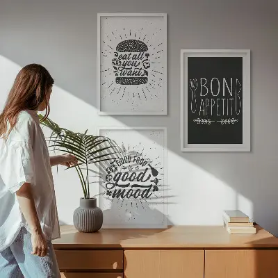 Set de 3 cuadros para salón con eslóganes gráficos sobre comida y gastronomía