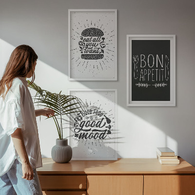 Set de 3 cuadros para salón Eslóganes gráficos sobre comida y gastronomía