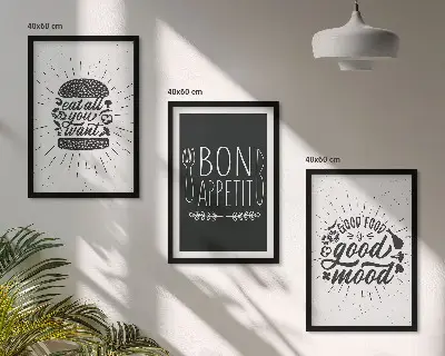Set de 3 cuadros para salón con eslóganes gráficos sobre comida y gastronomía