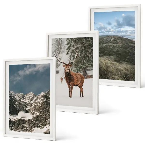 Set de 3 cuadros para salón con diseño de paisaje de montañas nevadas y bosques con ciervos