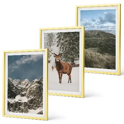 Set de 3 cuadros para salón con diseño de paisaje de montañas nevadas y bosques con ciervos