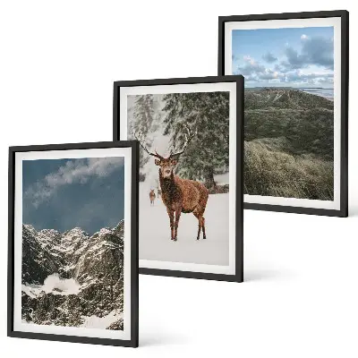Set de 3 cuadros para salón con diseño de paisaje de montañas nevadas y bosques con ciervos