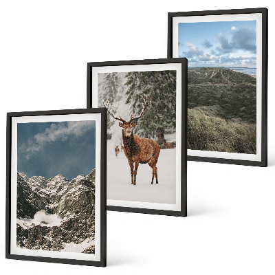 Set de 3 cuadros para salón Paisaje de bosques de ciervos nevados en las montañas