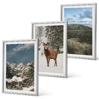 Set de 3 cuadros para salón con diseño de paisaje de montañas nevadas y bosques con ciervos