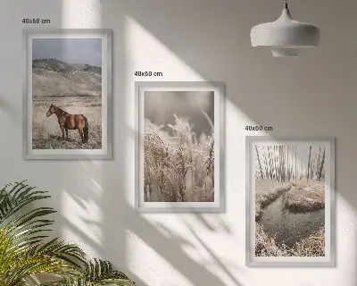 Juego de 3 cuadros paisaje de caballos en el arroyo entre hierba