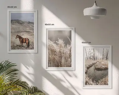 Juego de 3 cuadros paisaje de caballos en el arroyo entre hierba