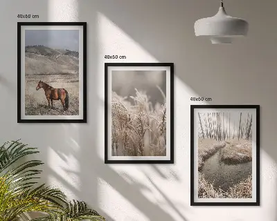 Juego de 3 cuadros paisaje de caballos en el arroyo entre hierba