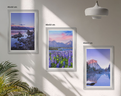 Set de 3 cuadros para salón Paisajes de montañas con agua y cielo