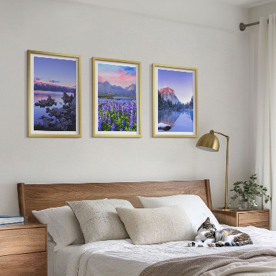 Set de 3 cuadros para salón Paisajes de montañas con agua y cielo