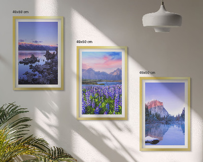 Set de 3 cuadros para salón Paisajes de montañas con agua y cielo